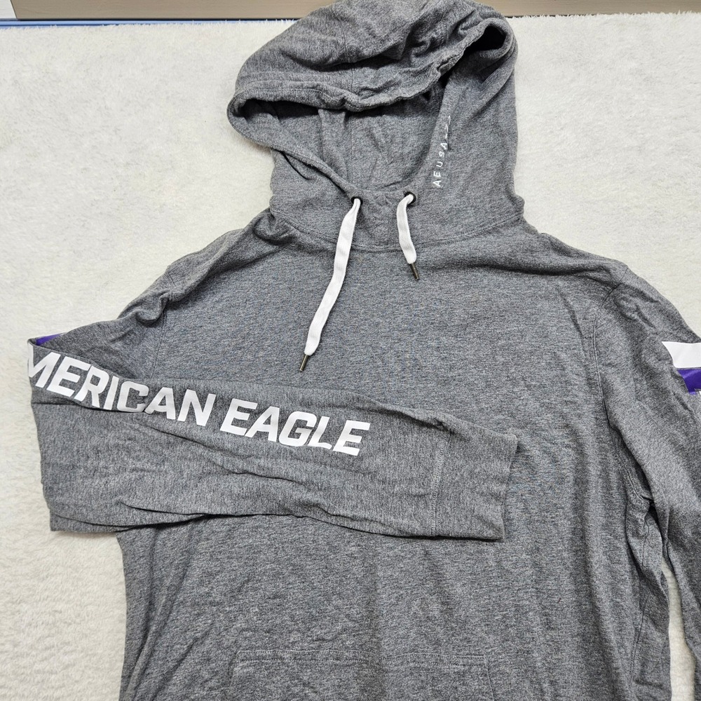 American Eagle Mens Gray Long Sleeve Hooded Graphic T-Shirt Large Standard Fit